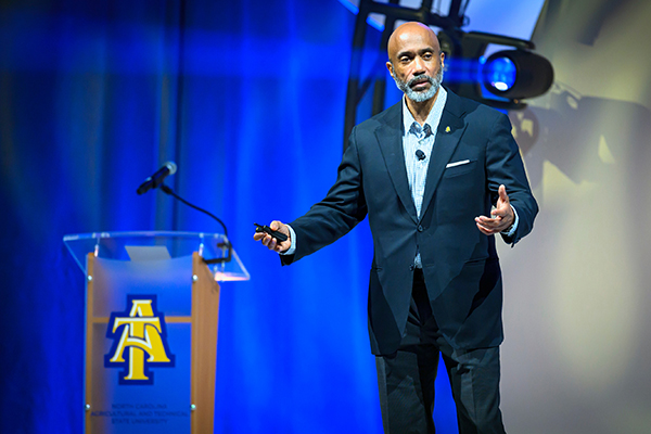 Chancellor Martin giving spirited speech