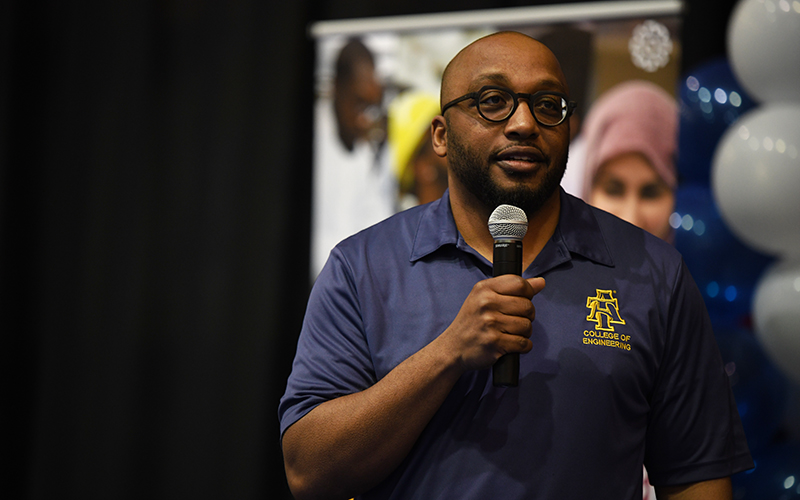 Dr. Kory Bennett talks at the FIRST competition