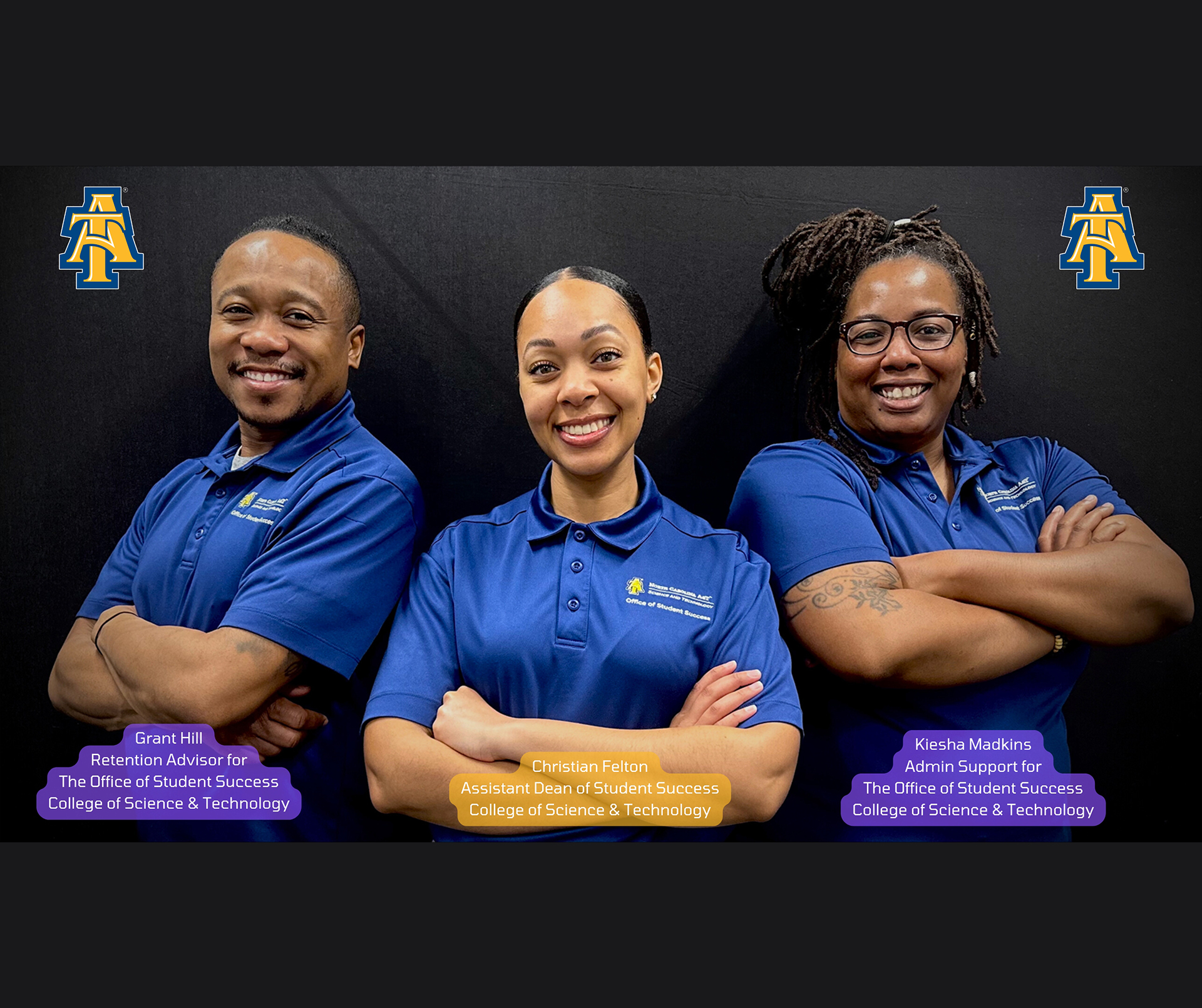 Left to right: Grant Hill, Retention Advisor, Christian Felton, Assistant Dean of Student Success, and Kiesha Madkins, Admin Support for The Office of Student Success: College of Science and Technology