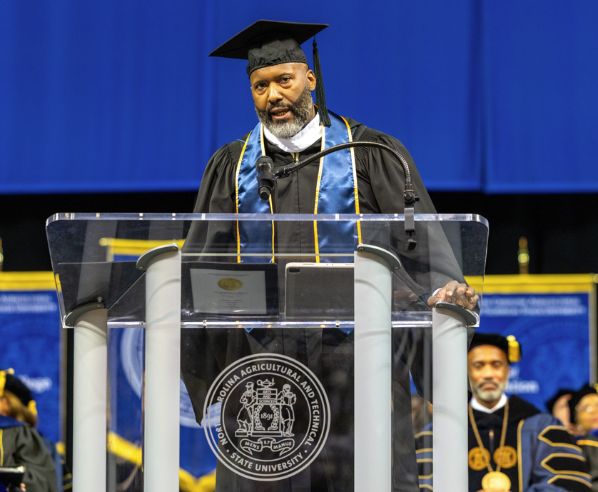 Detroit Lions General Manager Brad Holmes speaks at A&T Spring 2025 Commencement.