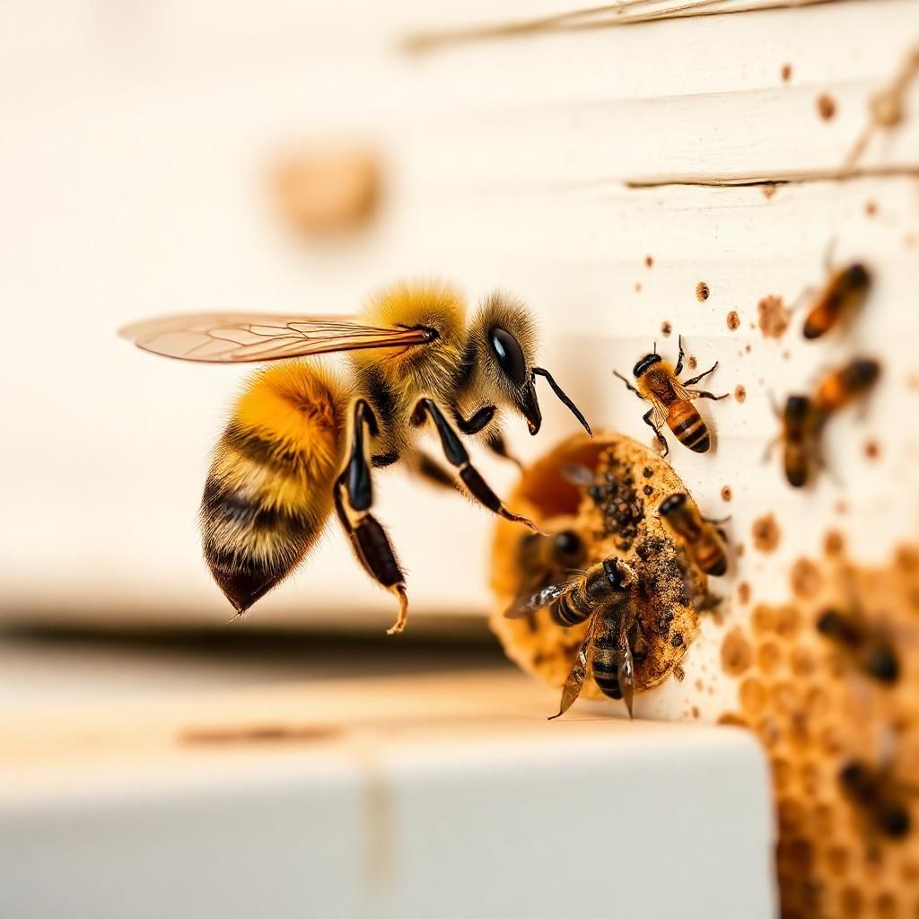 bee sitting on a wooden bee hive