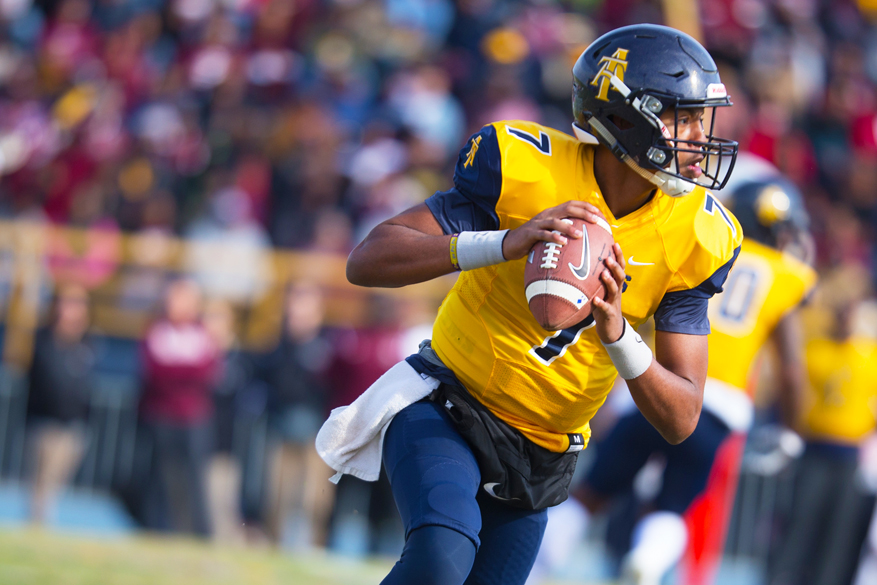 N.C. A&T Quarterback scanning the field for a throw